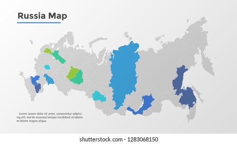 Russia map divided into federal subjects or regions. Geographic division of Russian Federation with regional borders. Modern infographic design template. Flat vector illustration for touristic guide.
