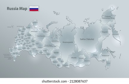 Mapa y bandera de Rusia, división administrativa regiones y nombres individuales, diseño tarjeta de vidrio vector 3D