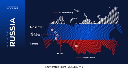 Russia map with flag info graphic. Abstract vector map of Russia with capital and major cities. Dots composition map on dark background.
