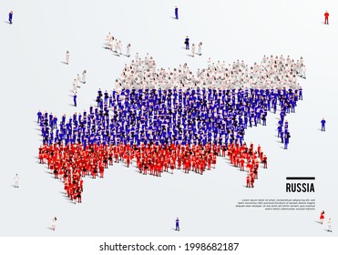 Russia Map And Flag. A Large Group Of People In The Russian Flag Color Form To Create The Map. Vector Illustration.