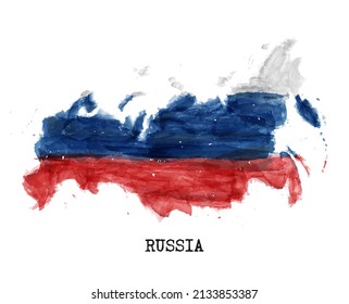 Russia map and flag watercolor painting design . Realistic drawing country shape . White isolated background . Vector .