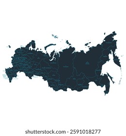 Russia map high detailed with administrative divide by state, capital cities names, outline simplicity style. Vector illustration EPS10.