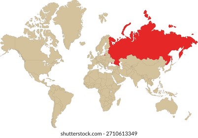 Mapa de Rusia resaltado en rojo en el mapa mundial. Ilustración vectorial. Mapa ruso resaltado en el globo rojo.
