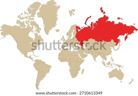 Russia map highlighted in red on world map. Vector Illustration. Russian map highlighted red on globe.