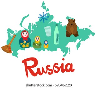 Russia Map with Iconic Objects