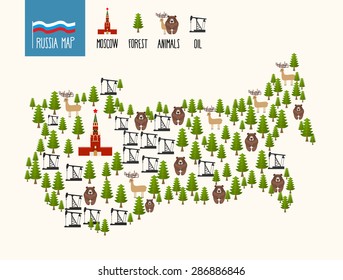 Russia Map. Infographic of the Russian Federation. Minerals oil and forests. Moscow Kremlin and bears. Vector illustration
