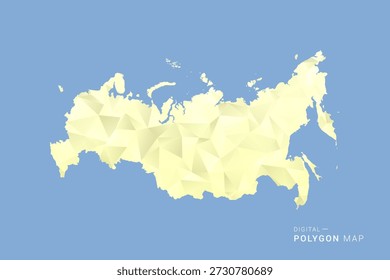 Mapa de Rusia en estilo de Vector de polígono bajo, ilustración de forma geométrica con tonos amarillos suaves sobre fondo azul, silueta limpia para infografía.