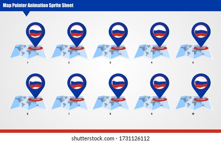 Russia Map marker with animated flag Sprite Sheet. Smooth waving animation sprites on white background.