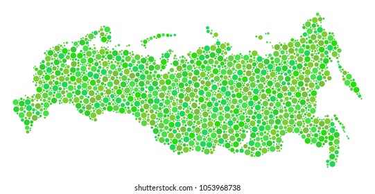Russia Map mosaic of round dots in various sizes and green color tinges. Round dots are grouped into russia map vector composition. Eco vector design concept.