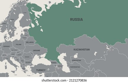 Russia map on world map. The borders of Russia are colored. It looks different from other countries. Detailed representation of Russia country borders