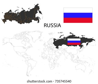Russia map on a world map with flag on white background.
