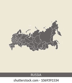 Russia map outline vector illustration in gray background. Borders of all states or provinces or counties are included on this map.
