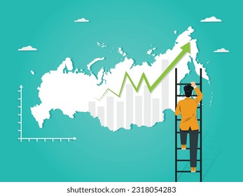 Russia Map positive business graph with arrow. Russia Business man steps up stairs to successful point, Steps to starting a business success. Climb up businessman build ladder
Russia Stock grow up.