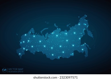 Russia map radial dotted pattern in futuristic style, design blue circle glowing outline made of stars. concept of communication on dark blue background. Vector EPS10