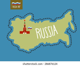 Russia Map. Russian surrounded by barbed wire. Kremlin in Moscow. Vector illustration
