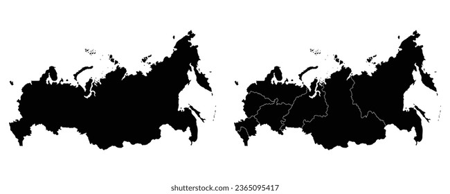 Russia map set. Map of Russia in administrative regions in black det. 