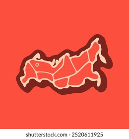 Mapa de Rusia para el logo de carne de bistec. Vector retro negro y rojo platillos de carne ilustración de logotipo. Parrilla gráfica BBQ etiqueta, emblema, símbolo. Insignia de Premium Beef Restaurant