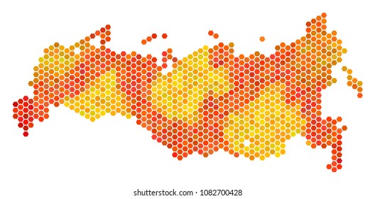 Russia map. Vector honeycomb territory scheme using fire color tints. Abstract Russia map composition is constructed of fired honeycomb blots.