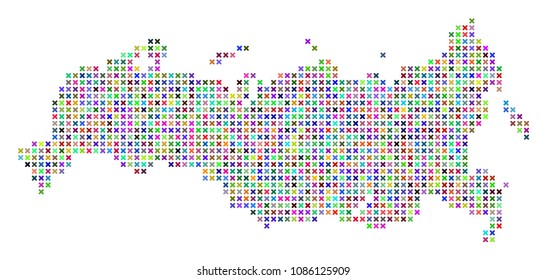 Russia map. Vector mosaic of geographic plan. Regular pattern is composed with x-cross elements in random colors. Abstract pixelated Russia map designed for political and economical purposes.