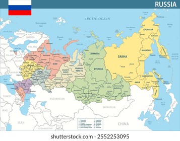 Russia Map Vector New 2024 Colorful - Customizable layered political map of Russia with administrative divisions for website, education, reports, news, politics, print, poster and wallpaper