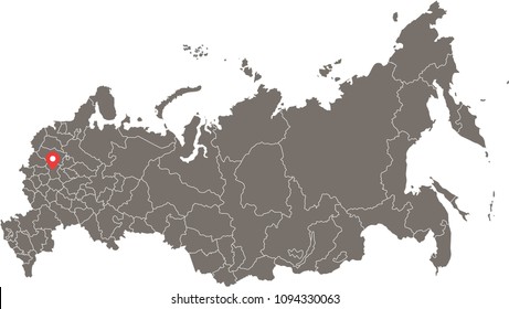 Russia map vector outline illustration with provinces or states borders and capital location, Moscow, in gray background. Highly detailed accurate map of Russia