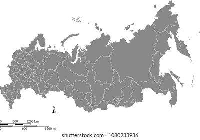 Russia map vector outline with scales of miles and kilometers and borders of provinces in gray background. Russian map with mileage and kilometer scales 
