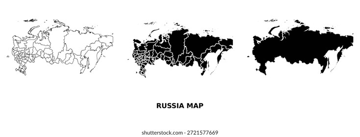 Russland-Karte, Vektorgrafik-Set mit Verwaltungsregionen in Schwarz-Weiß, große Länderumrissgrafik