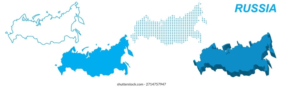 Rússia Mapa Vetor Set, Europa Ásia Contorno Silhueta Pontilhada Formas Sólidas 3D, Rússia Country Infographic Template, Editável EPS Rússia Geografia