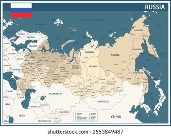 Russia Map Vector Vintage Dark Blue Beige - Customizable layered political map of Russia with administrative divisions for website, education, reports, news, politics, print, poster and wallpaper