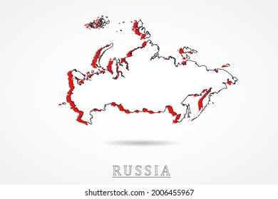 Mapa de Rusia - Mapa Mundial Plantilla vectorial internacional con estilo de dibujo gráfico rojo y contorno aislado en fondo blanco - Ilustraciones vectoriales 10