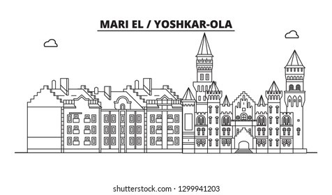 Russia, Mari El, Yoshkar-Ola. City skyline: architecture, buildings, streets, silhouette, landscape, panorama, landmarks. Editable strokes. Flat design, line vector illustration concept.