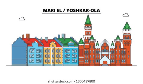 Russia, Mari El, Yoshkar-Ola. City skyline: architecture, buildings, streets, silhouette, landscape, panorama. Flat line, vector illustration.