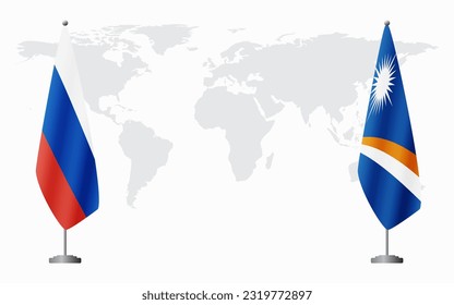 Russia and Marshall Islands flags for official meeting against background of world map.