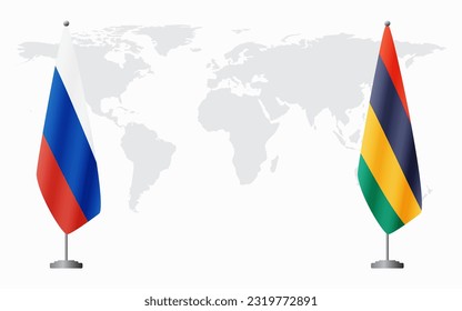 Russia and Mauritius flags for official meeting against background of world map.
