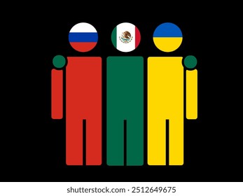 Russia, Mexico, and Ukraine National Flags With Embracing Body. Vector Illustration. Isolated background.