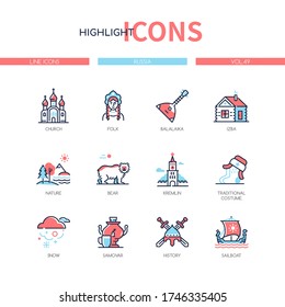 Russia - modern line design style icons set. Russian national symbols and traditions. Church, folk, balalaika, izba, nature, bear, kremlin, traditional costume, snow, samovar, history, sailboat