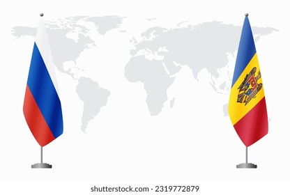 Russia and Moldova flags for official meeting against background of world map.