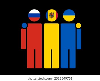 Russia, Moldova, and Ukraine National Flags With Embracing Body. Vector Illustration. Isolated background.