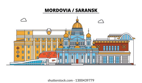 Russia, Mordovia, Saransk. City skyline: architecture, buildings, streets, silhouette, landscape, panorama. Flat line, vector illustration.