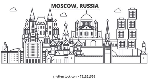 Russia, Moscow architecture line skyline illustration. Linear vector cityscape with famous landmarks, city sights, design icons. Landscape wtih editable strokes