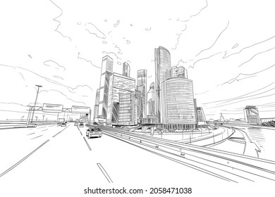 Russia. Moscow city. Hand drawn sketch. Business Center. Vector illustration.