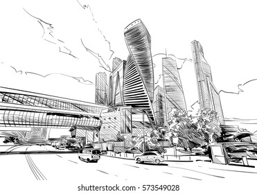 Russia. Moscow city. Hand drawn sketch. Business Center. Vector illustration.