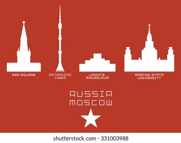 Russia Moscow city shape silhouette icon set - Red Square, Ostankino Tower, Lenin's Mausoleum, State University