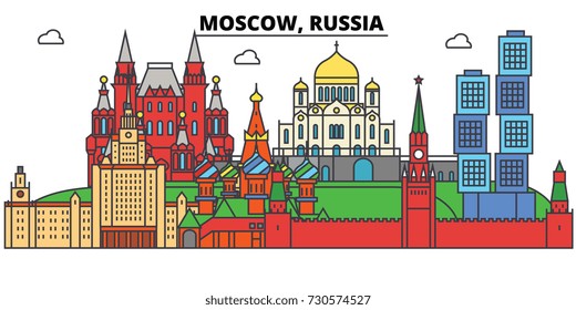 Russia, Moscow. City skyline, architecture, buildings, streets, silhouette, landscape, panorama, landmarks. Editable strokes. Flat design line vector illustration concept. Isolated icons set
