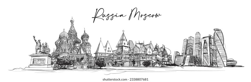 Russia Moscow Hand drawing Skyline Vector Illustration.