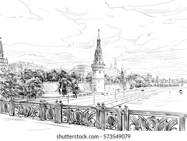 Russia. Moscow. Kremlin view from the bridge. Hand drawn vector illustration.