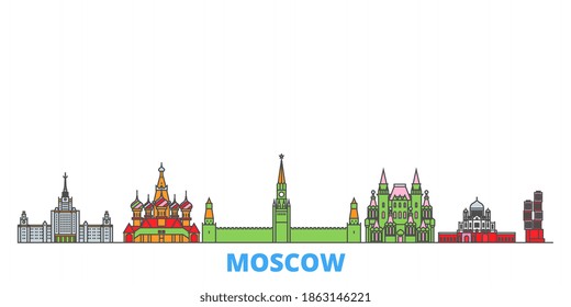 Russia, Moscow line cityscape, flat vector. Travel city landmark, outline illustrations, line world icons