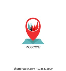Russia Moscow map city pin point geolocation modern skyline shape pointer vector flat logo web icon illustration