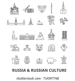 Russia, moscow, map, russian flag, matryoshka, kremlin, ussr, st petersburg, sights line icons. Editable strokes. Flat design vector illustration symbol concept. Linear signs isolated