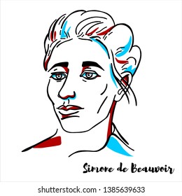 RUSSIA, MOSCOW - March, 30, 2019: Simone de Beauvoir engraved vector portrait with ink contours. French writer, intellectual, philosopher, political activist, feminist and social theorist.